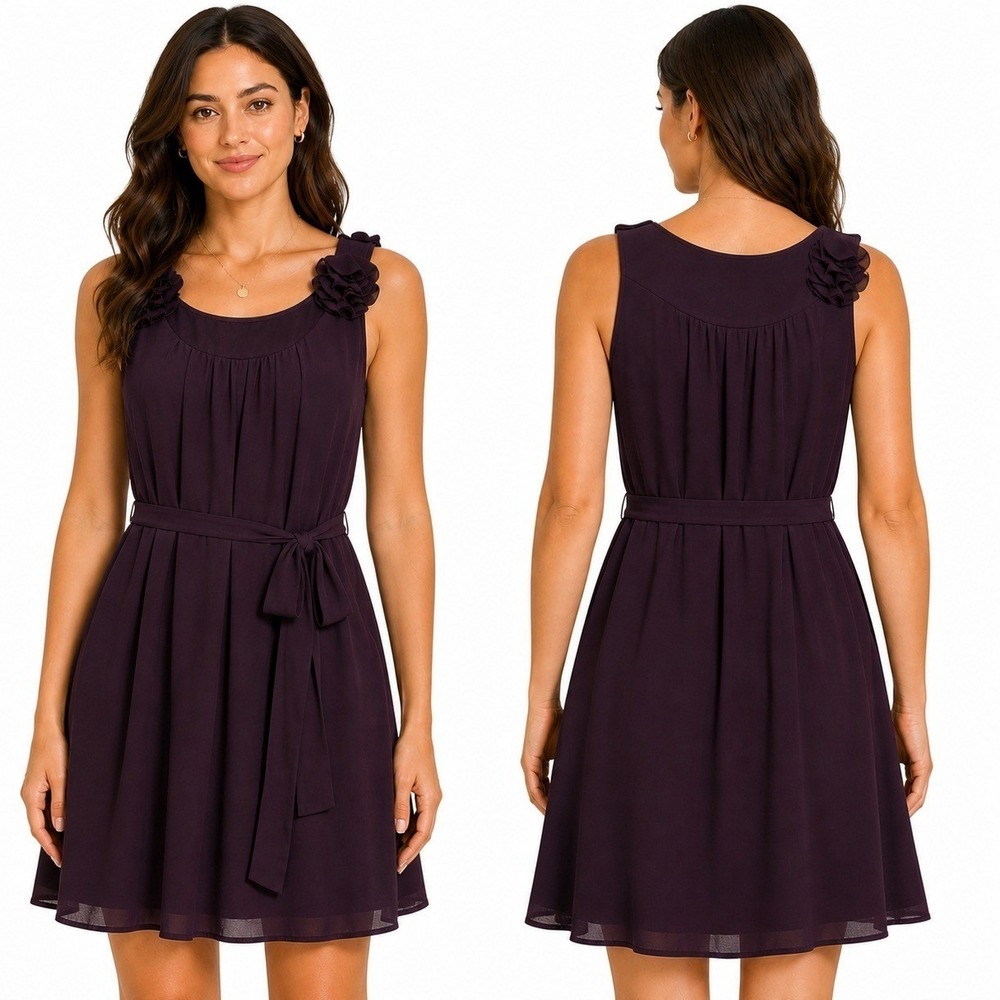 Blue Rain Dress Medium Mini Plum Purple Rosette Shoulder Sleeveless Fit Flare